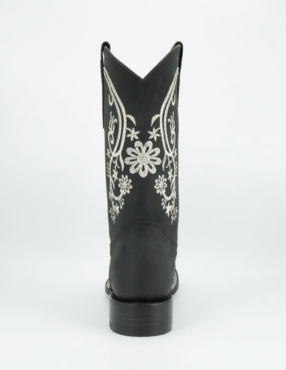 Centenario Women's Black Floral Embroidered Wide Square Toe Boot