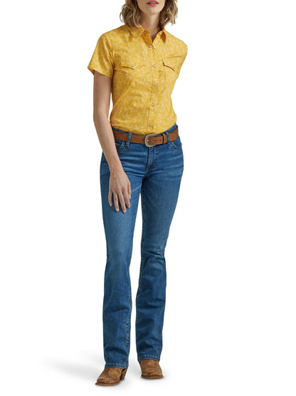 Wrangler Retro Yellow Floral Western Snap Short Sleeve Shirt