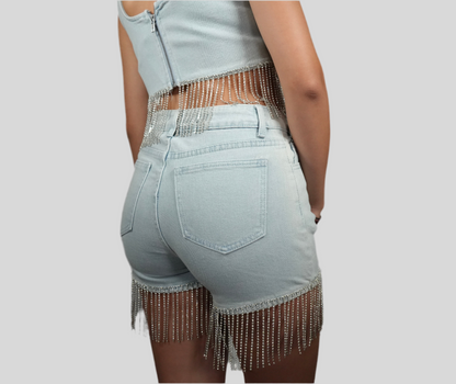 Blue B Women's Shorts Silver Fringe Light Blue