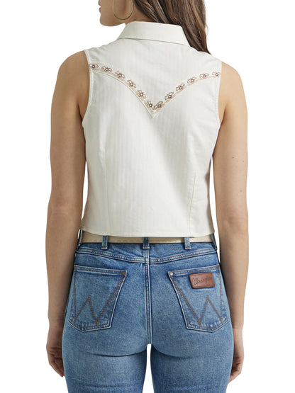 Wrangler Women's Embroidered Western Retro Snap Crop Tank Egret