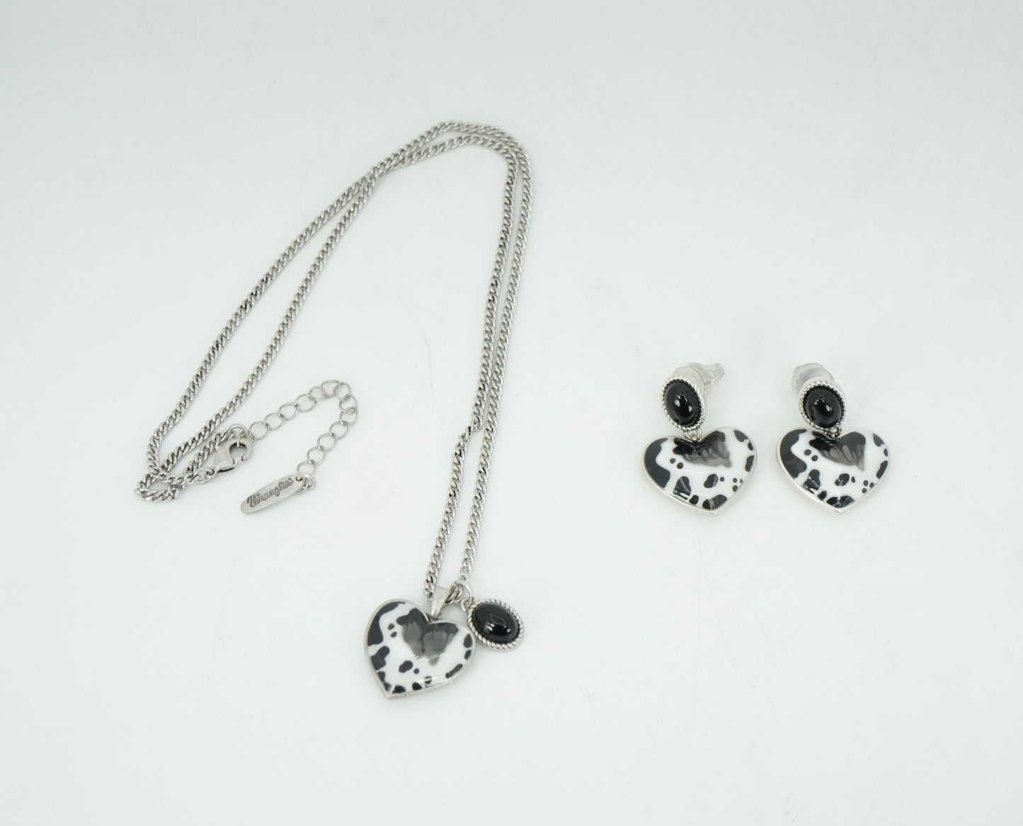 Wrangler Natural Stone Silver Pendant Set - Black Cow Print