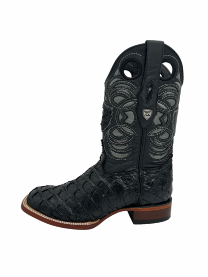 Wild West Men's Black Glossy Genuine Pirarucu Wide Square Toe Boot