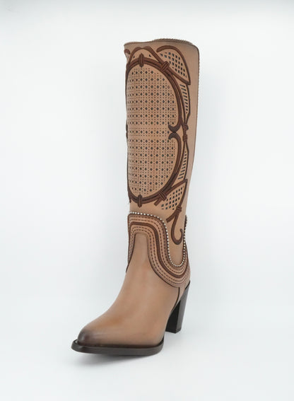 Cuadra Women's LD Almond Laser & Embroidery & Studs & Zipper Soho Arena Tall Boot