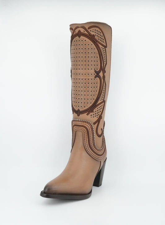 Cuadra Women's LD Almond Laser & Embroidery & Studs & Zipper Soho Arena Tall Boot