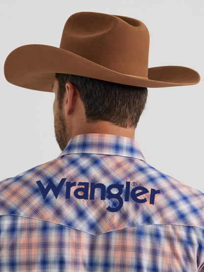 Wrangler Men's Logo Long Sleeve Western Snap Shirt Orange Blue