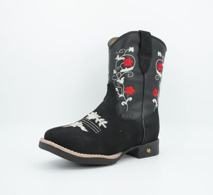 A&A Kid's Black Nobuck Red Flowers Boot