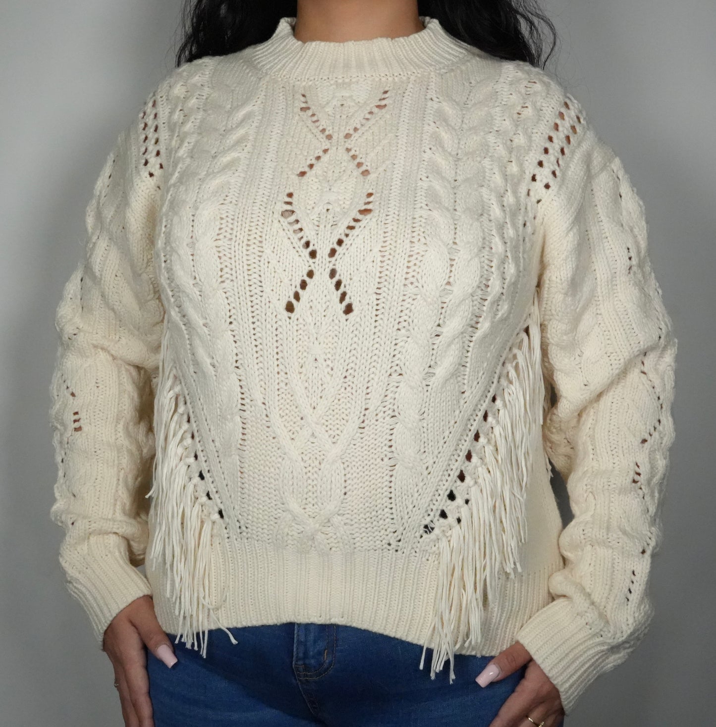 Blue B Women’s Mock Neck Fringe Sweater - Ivory
