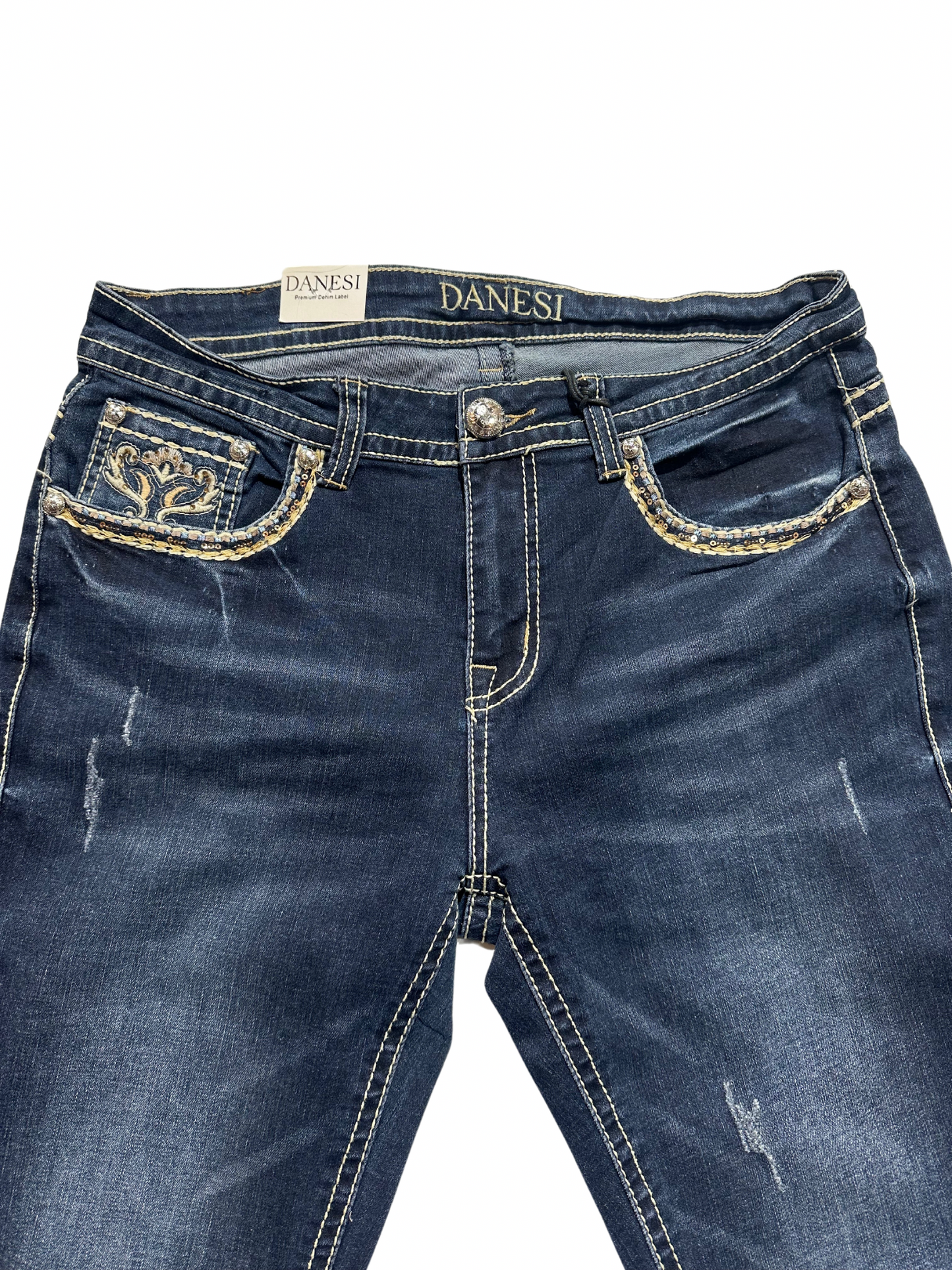 Danesi Floral Dark Blue Bling Pocket Gold Bootcut Jean