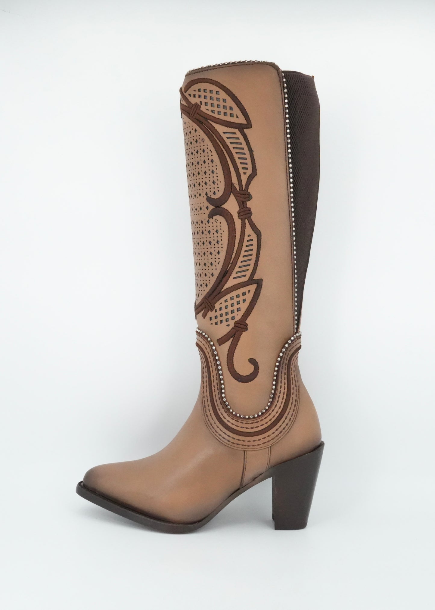 Cuadra Women's LD Almond Laser & Embroidery & Studs & Zipper Soho Arena Tall Boot