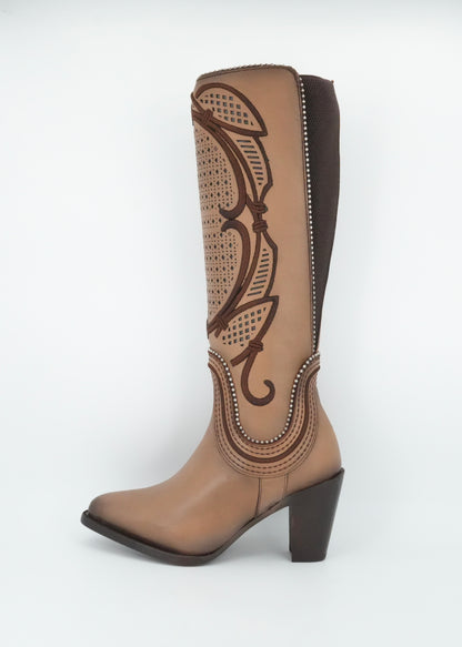 Cuadra Women's LD Almond Laser & Embroidery & Studs & Zipper Soho Arena Tall Boot