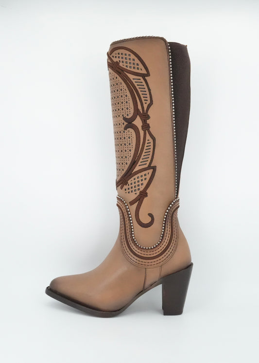 Cuadra Women's LD Almond Laser & Embroidery & Studs & Zipper Soho Arena Tall Boot