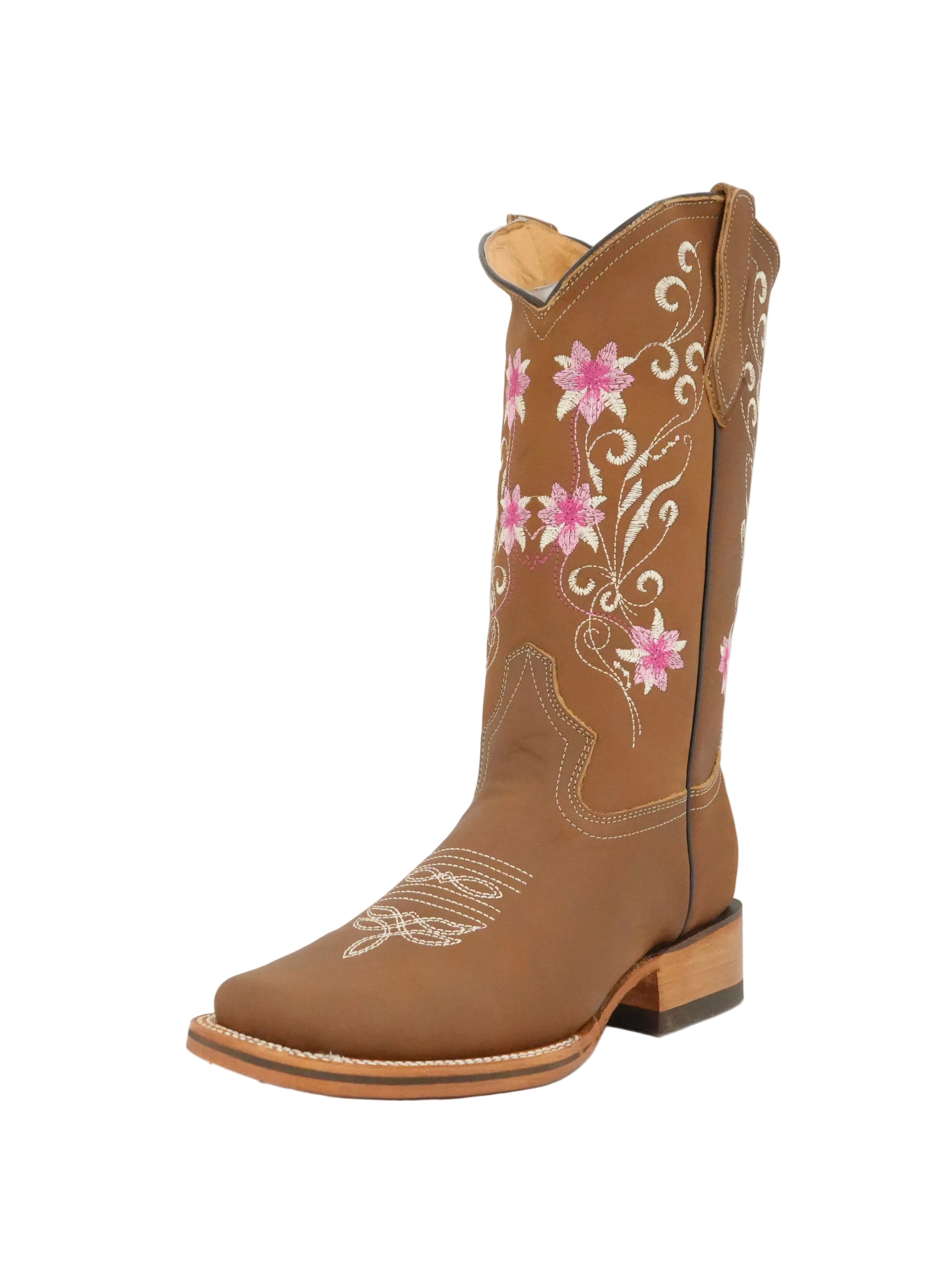 La Sierra Women's Leather Floral Pink Stitch Square Toe Boot