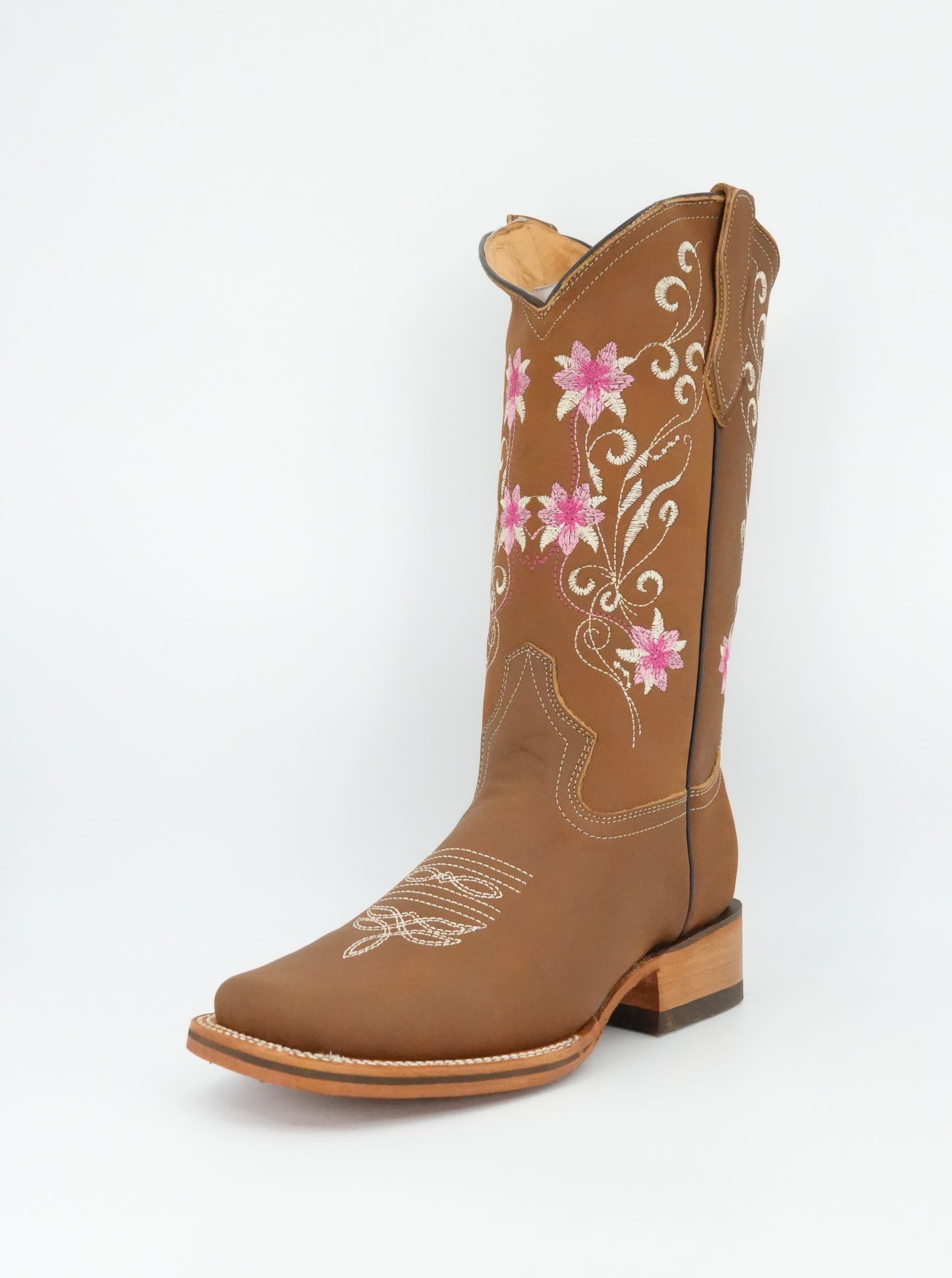 La Sierra Women's Leather Floral Pink Stitch Square Toe Boot - Tang