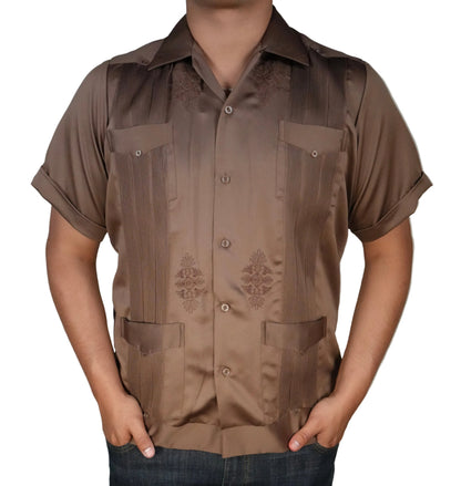 Copacabana Men's Short Sleeve Polyester Guayabera - Brown