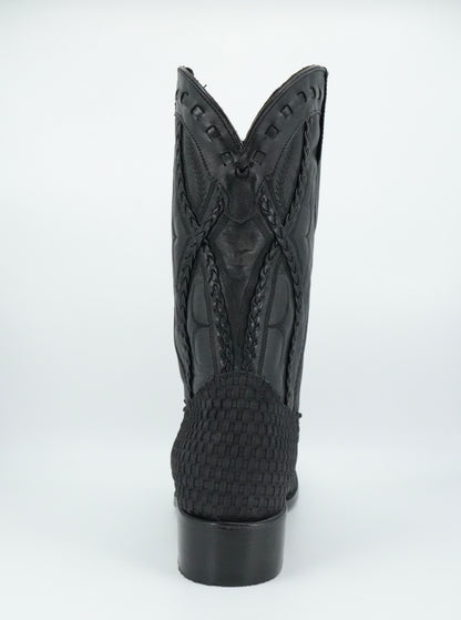 Rock'em Men's Petatillo Braided Leather Black Wide Square Toe Boot