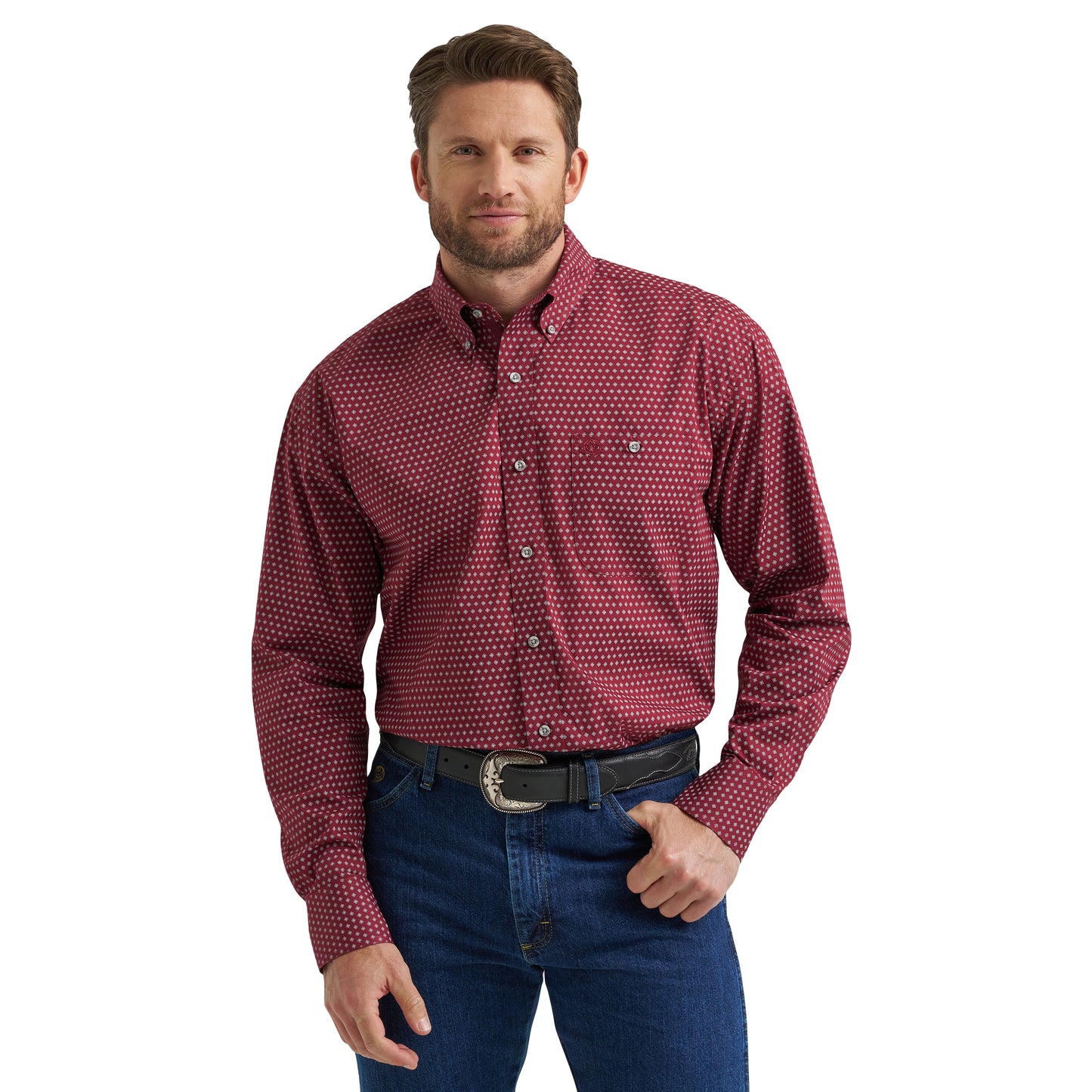 Wrangler Men's George Strait Burgundy Long Sleeve Button Down One Pocket Shirt