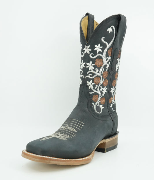 Centenario Women's Black Rustic Crazy Embroidered Square Toe Boot