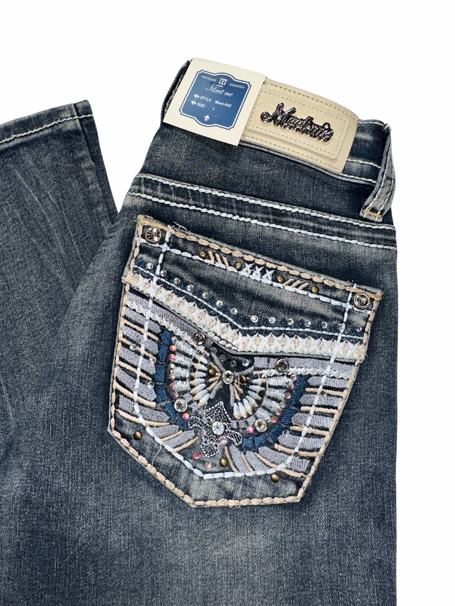 Meet Me Vintage Blue Bling Pocket Bootcut Jean