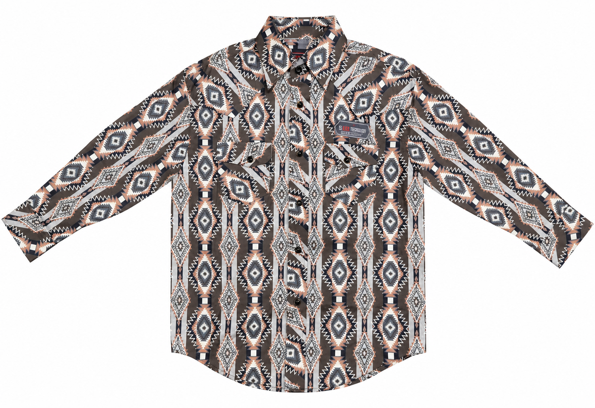 Rock & Roll Denim Boy's Long Sleeve Aztec Print Snap Shirt - Dark Brown