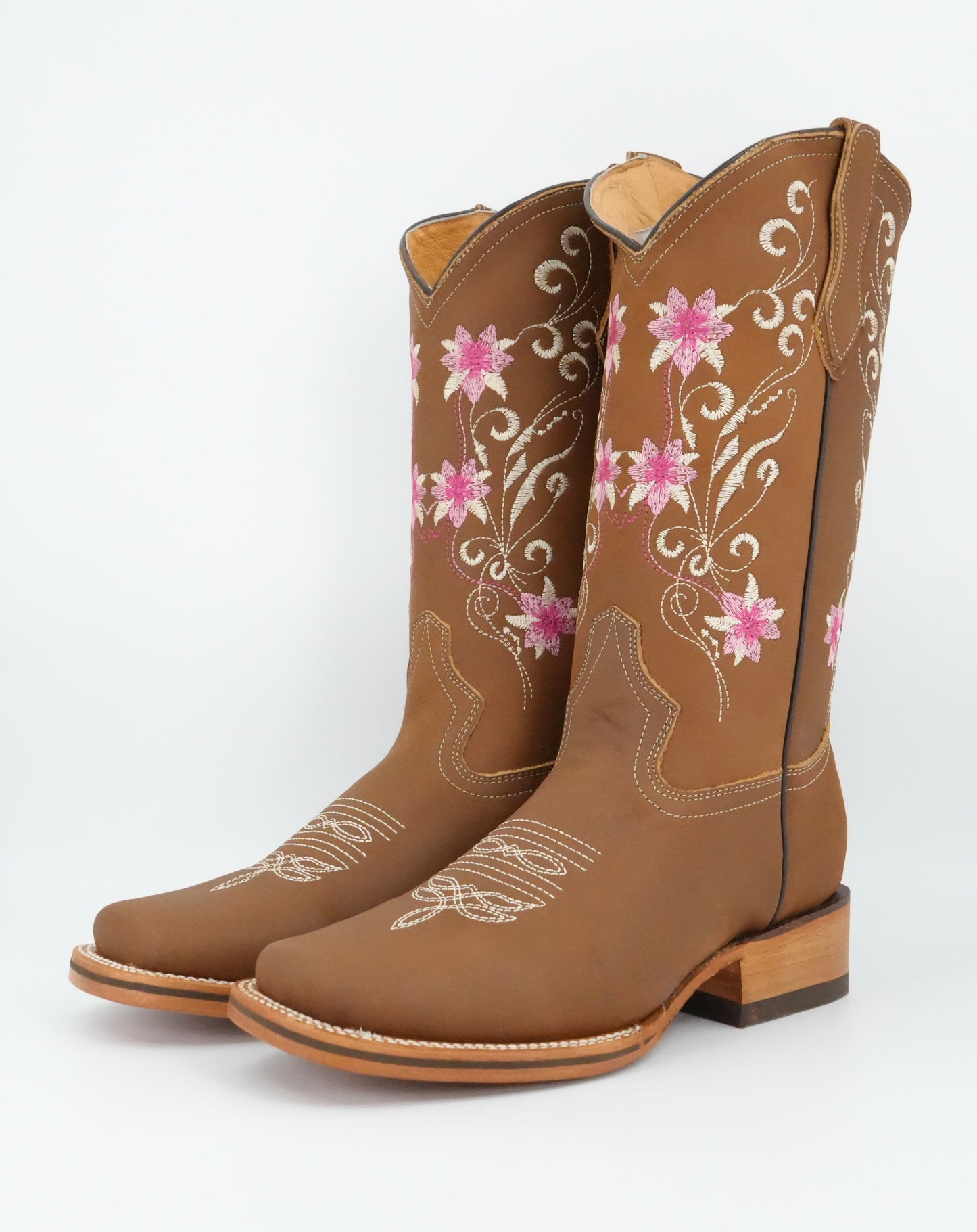 La Sierra Women's Leather Floral Pink Stitch Square Toe Boot - Tang