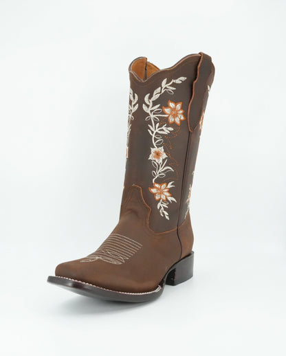 La Sierra Women's Zipper Floral Rust Stitch Square Toe Boot - Brown