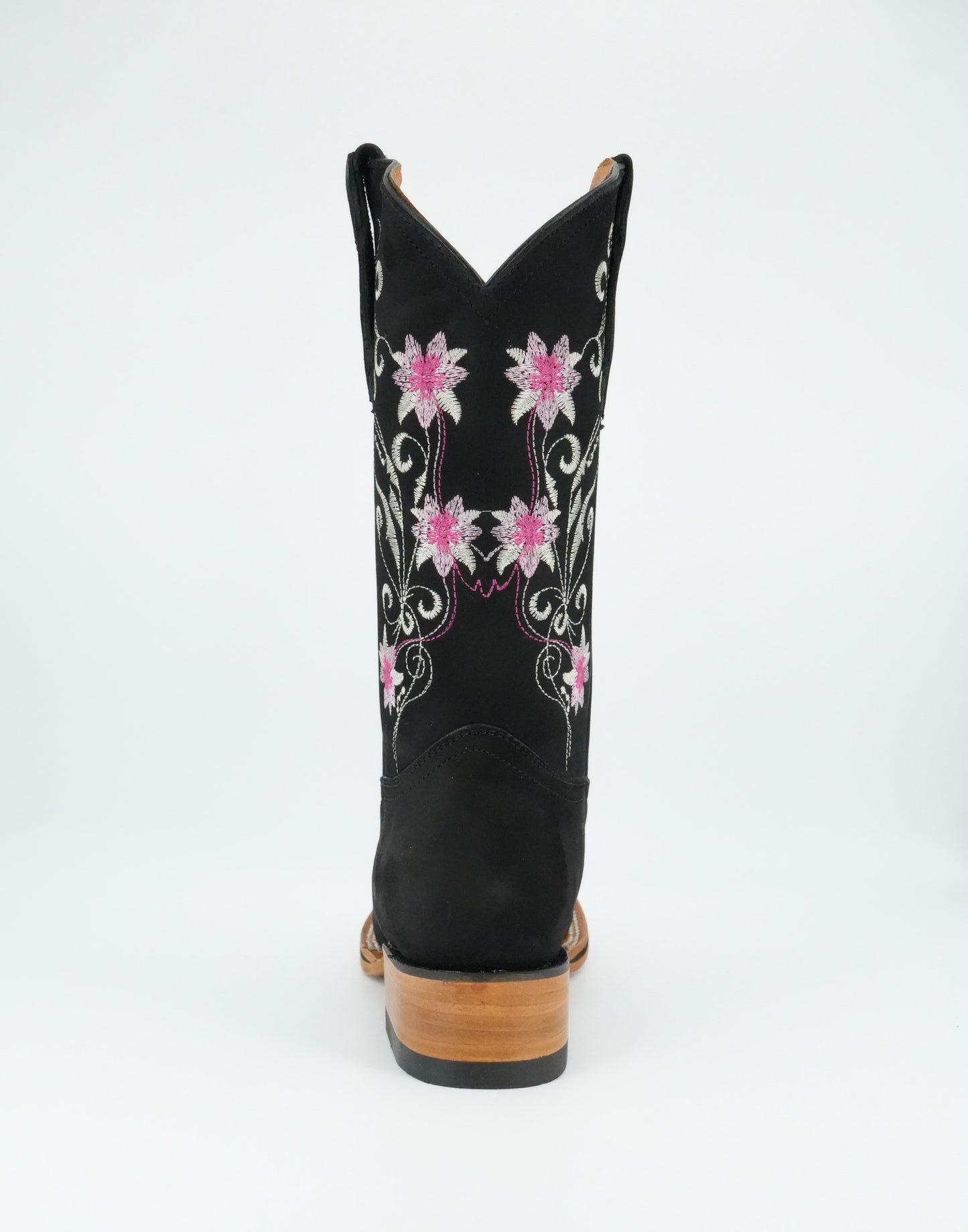 La Sierra Women's Nobuck Floral Pink Stitch Square Toe Boot - Black