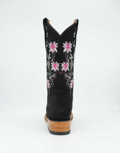 La Sierra Women's Nobuck Floral Pink Stitch Square Toe Boot - Black