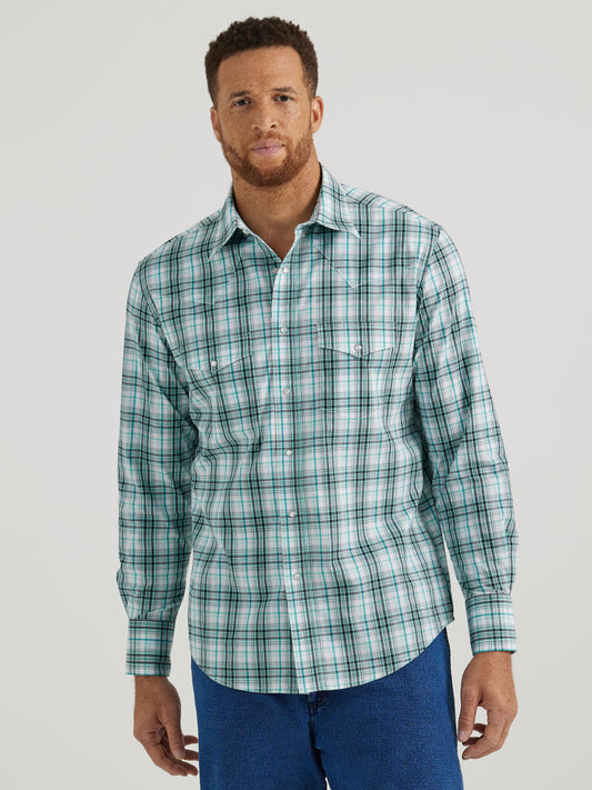 Wrangler Men's Turquoise Plaid Long Sleeve Western Snap Shirt