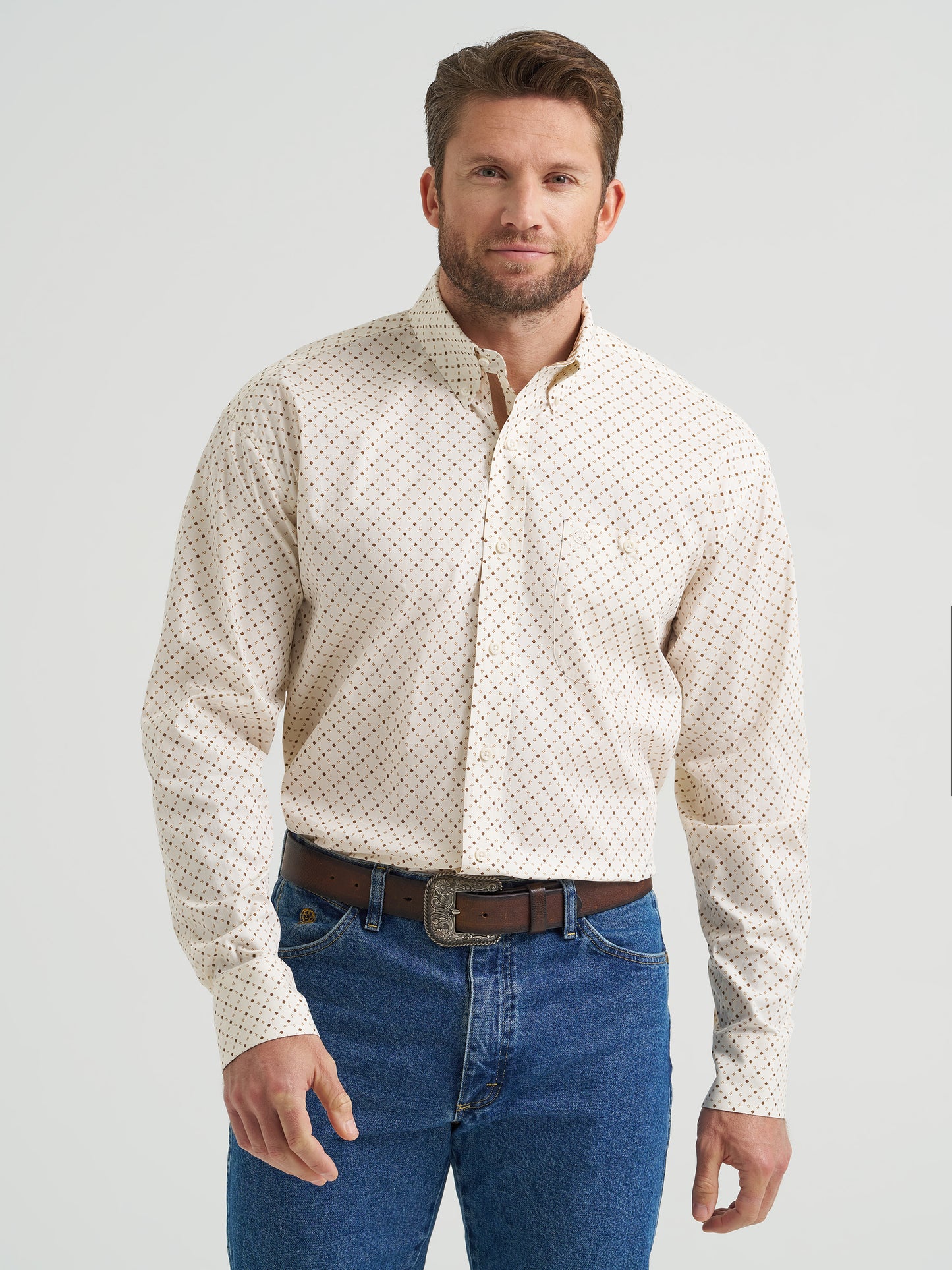 Wrangler Men's George Strait Tan Print Long Sleeve Button Down Shirt