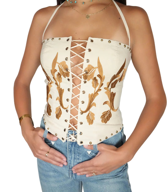 Women's Embroidered Western Corset Top - Tan