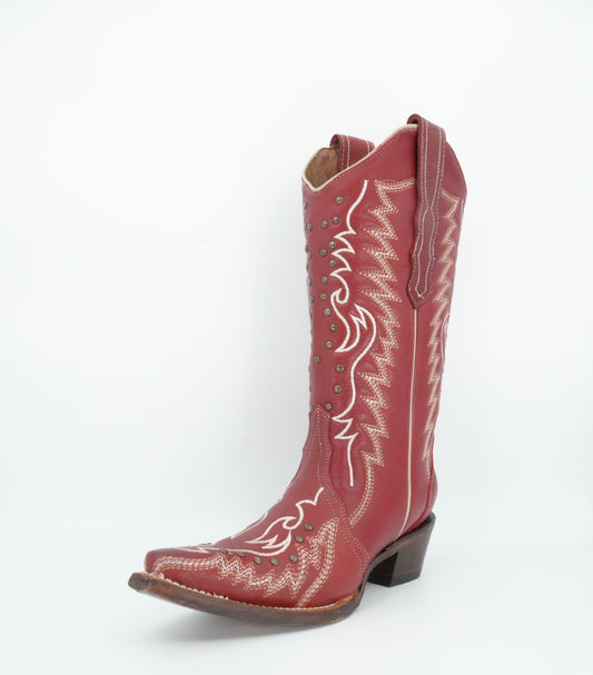 Circle G Women’s Red Cowhide Embroidered Stud Snip Toe Boot