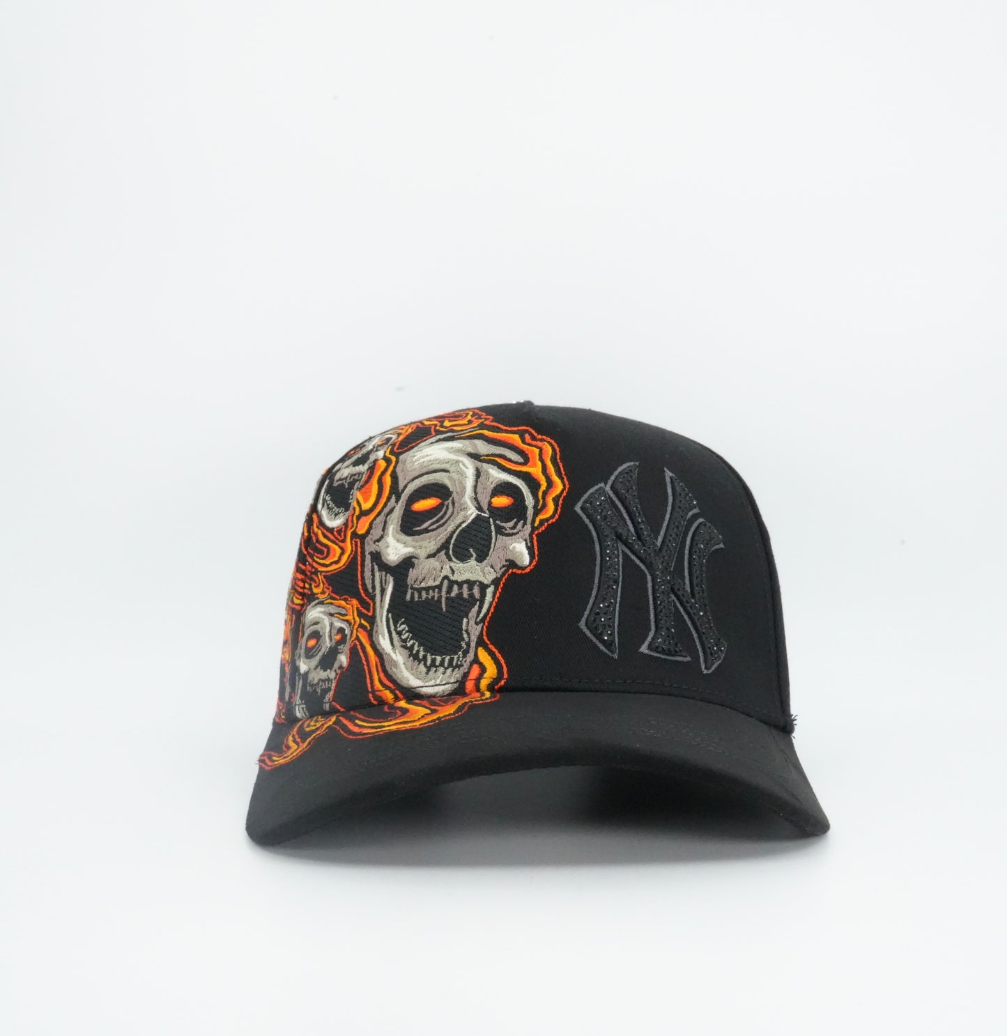 Kevin Hats NY Bling Skull Flames Black Cap