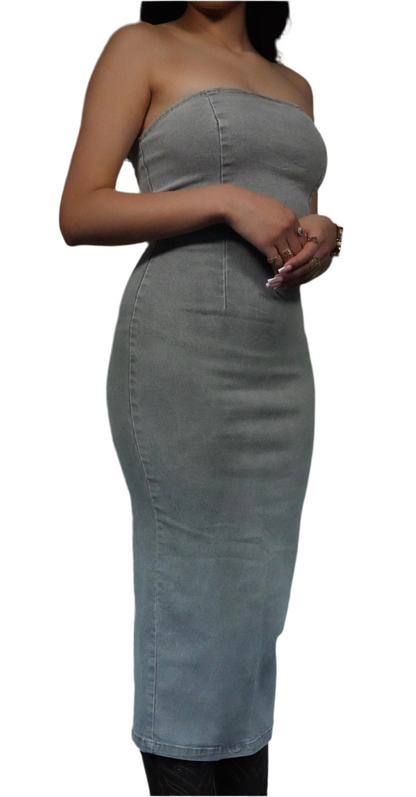 Women's Denim Strapless Bodycon Midi Dress - Grey Wash