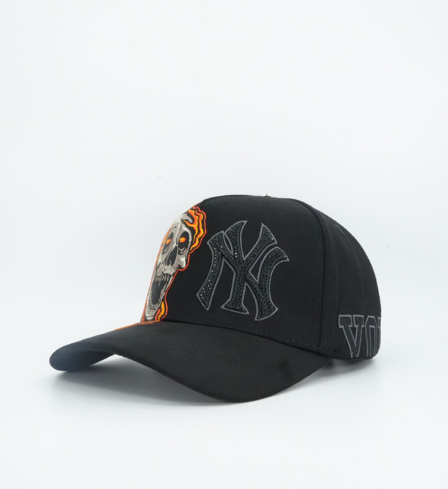 Kevin Hats NY Bling Skull Flames Black Cap