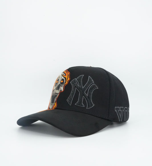 Kevin Hats NY Bling Skull Flames Black Cap