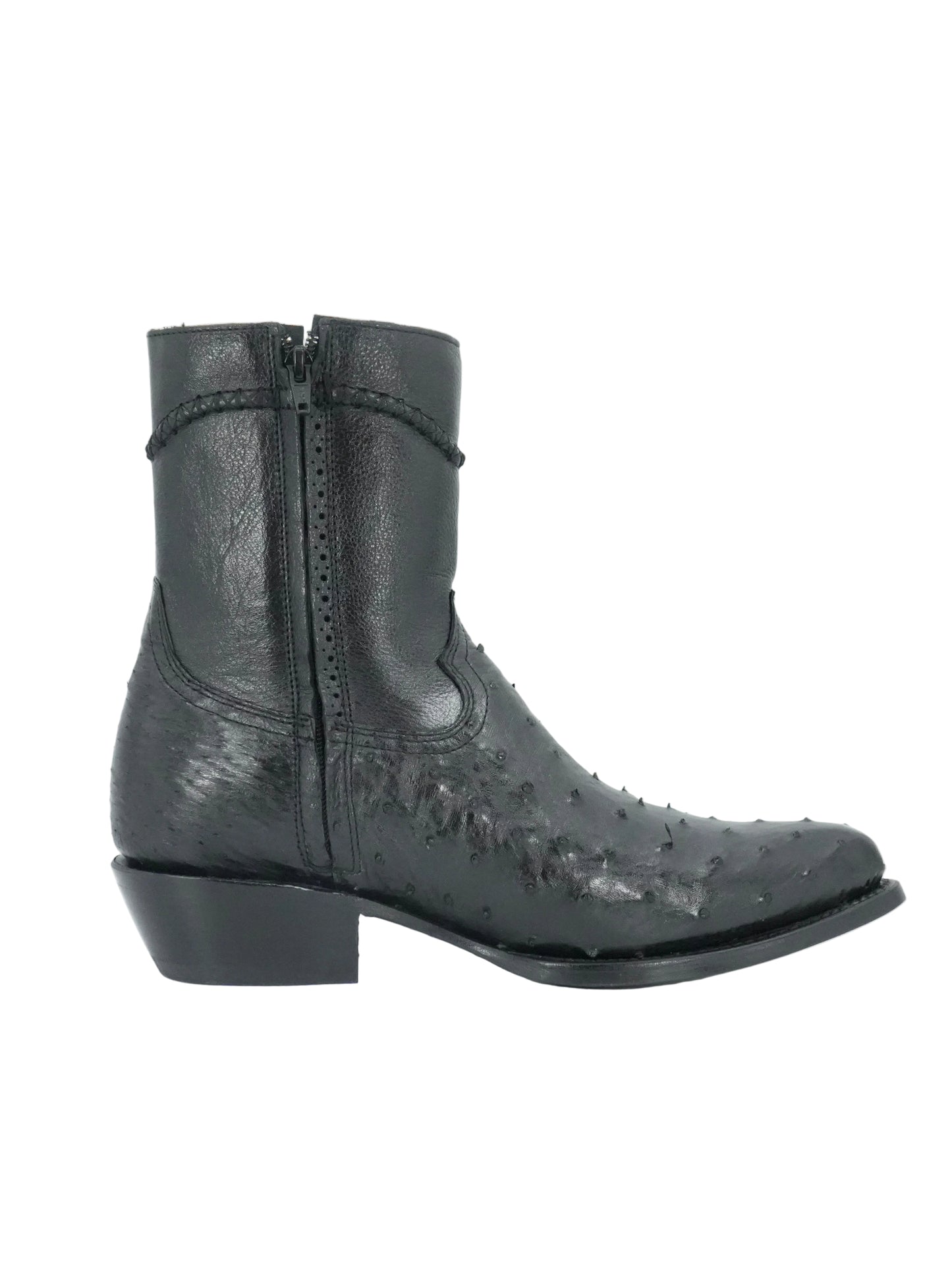 White Diamond Men's Exotic Zip Ostrich Round Toe Short Boot - Black