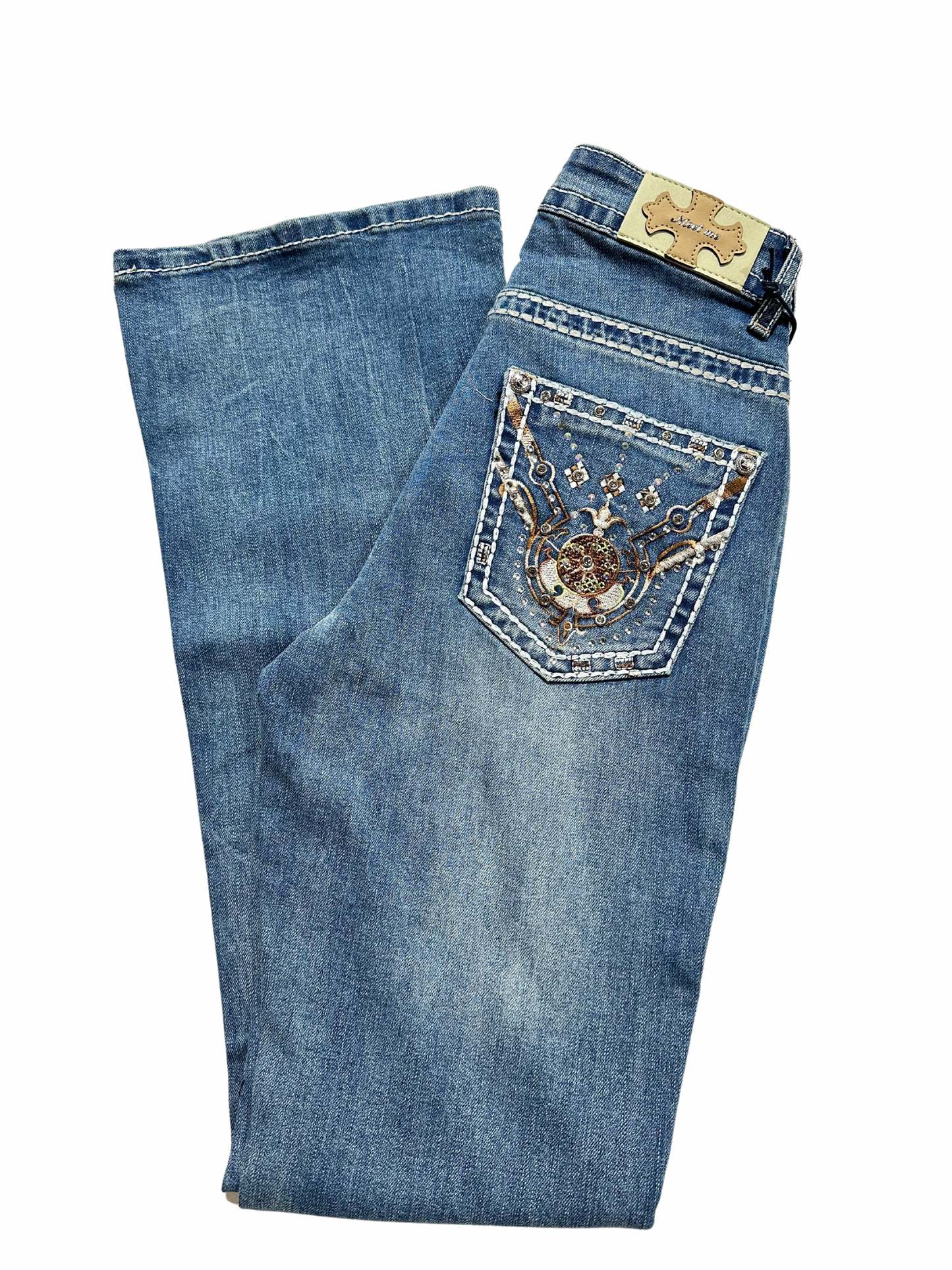 Meet Me Light Blue Bling Brown Pocket Bootcut Jean