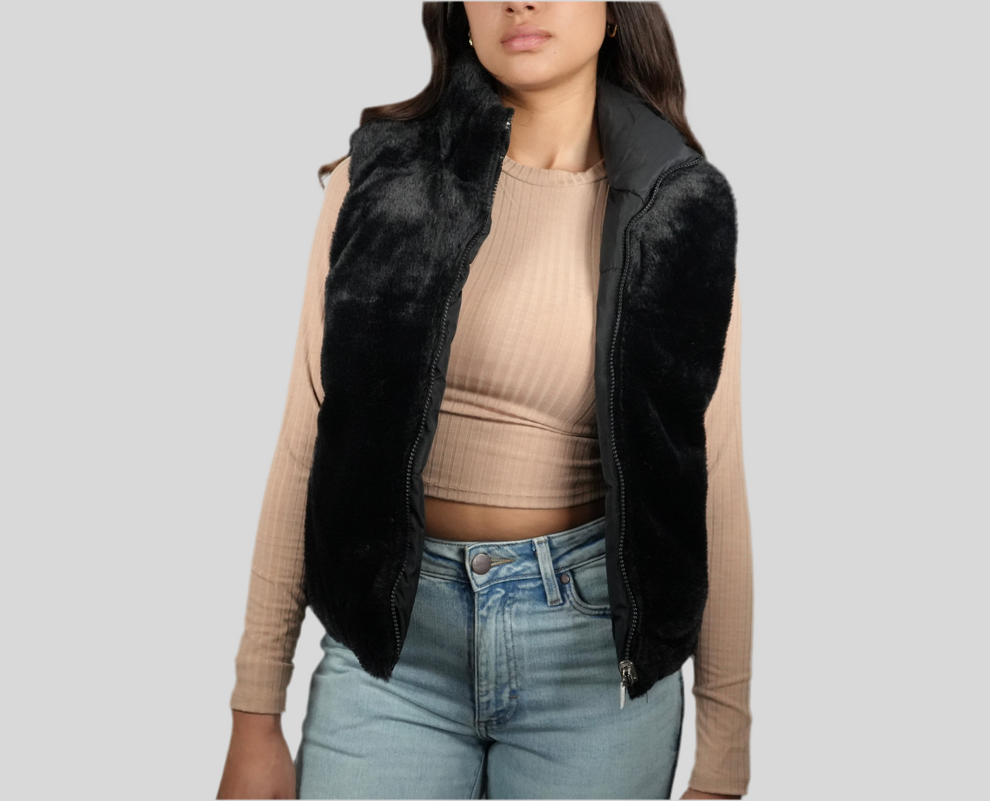 Blashe Reversable Fuzzy Zip Up Vest - Black