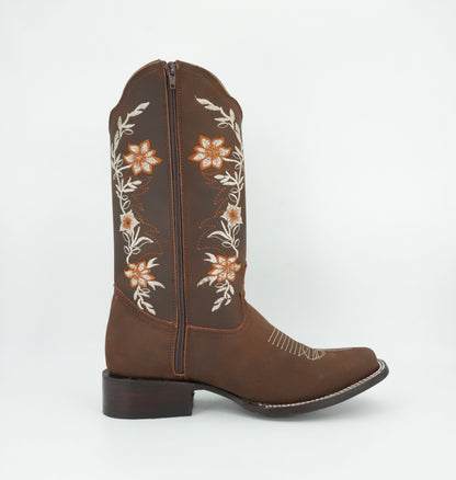 La Sierra Women's Zipper Floral Rust Stitch Square Toe Boot - Brown
