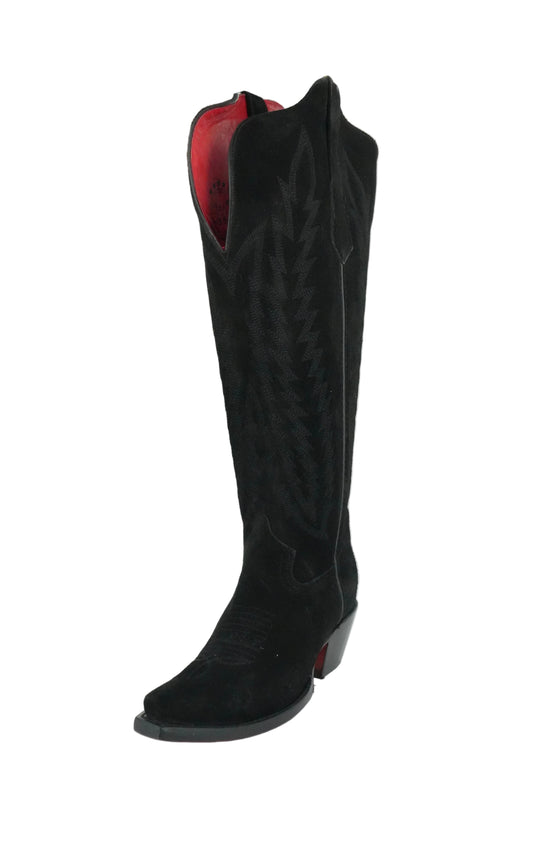 Rock'em Women's Gia Suede Tall Wide Calf Snip Toe Boot - Black Red Bottom