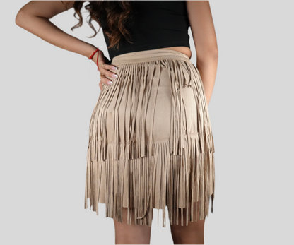 Blue B Women's Suede Fringe Skirt Beige