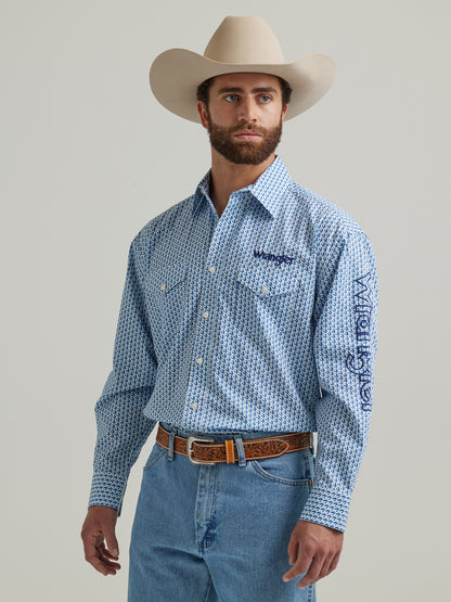 Wrangler Men's Logo Long Sleeve Western Button Down Shirt Light Blue Print