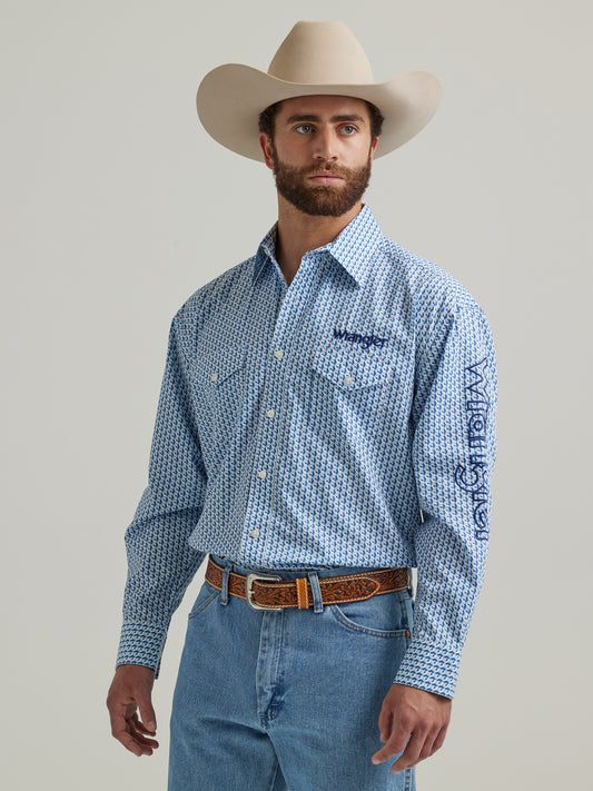 Wrangler Men's Logo Long Sleeve Western Button Down Shirt Light Blue Print