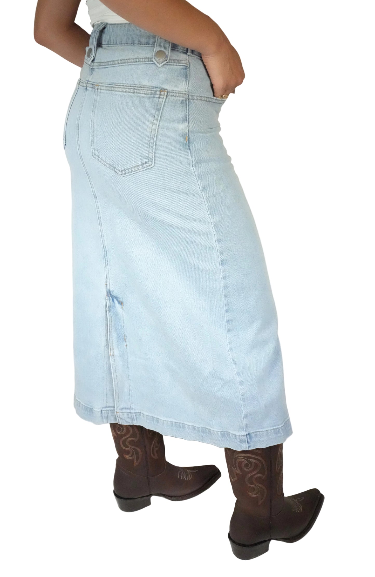 Blue B Women’s Denim Midi Skirt With Belt- Light Blue