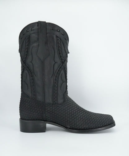 Rock'em Men's Petatillo Braided Leather Black Wide Square Toe Boot
