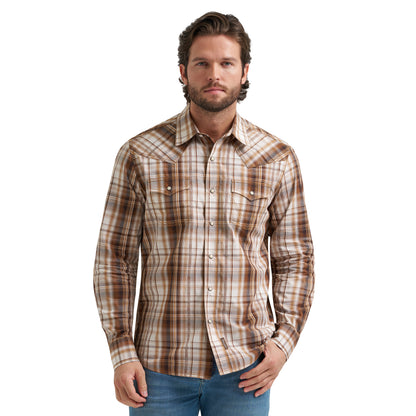 Wrangler Men's Retro Premium Long Sleeve Western Snap Plaid Shirt - Brown