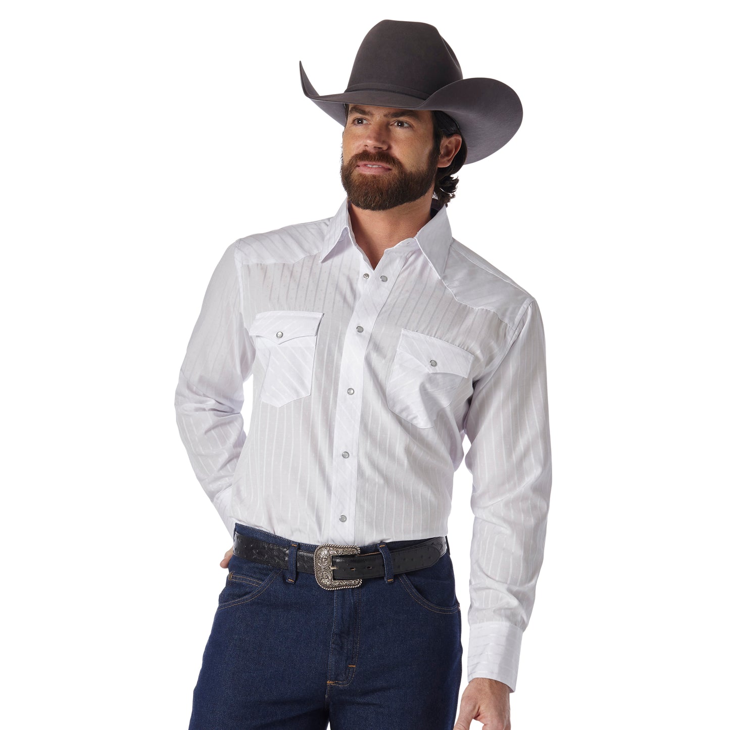 Wrangler White Striped Long Sleeve Western Snap Shirt