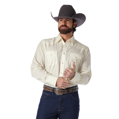 Wrangler Cream Striped Long Sleeve Western Snap Shirt