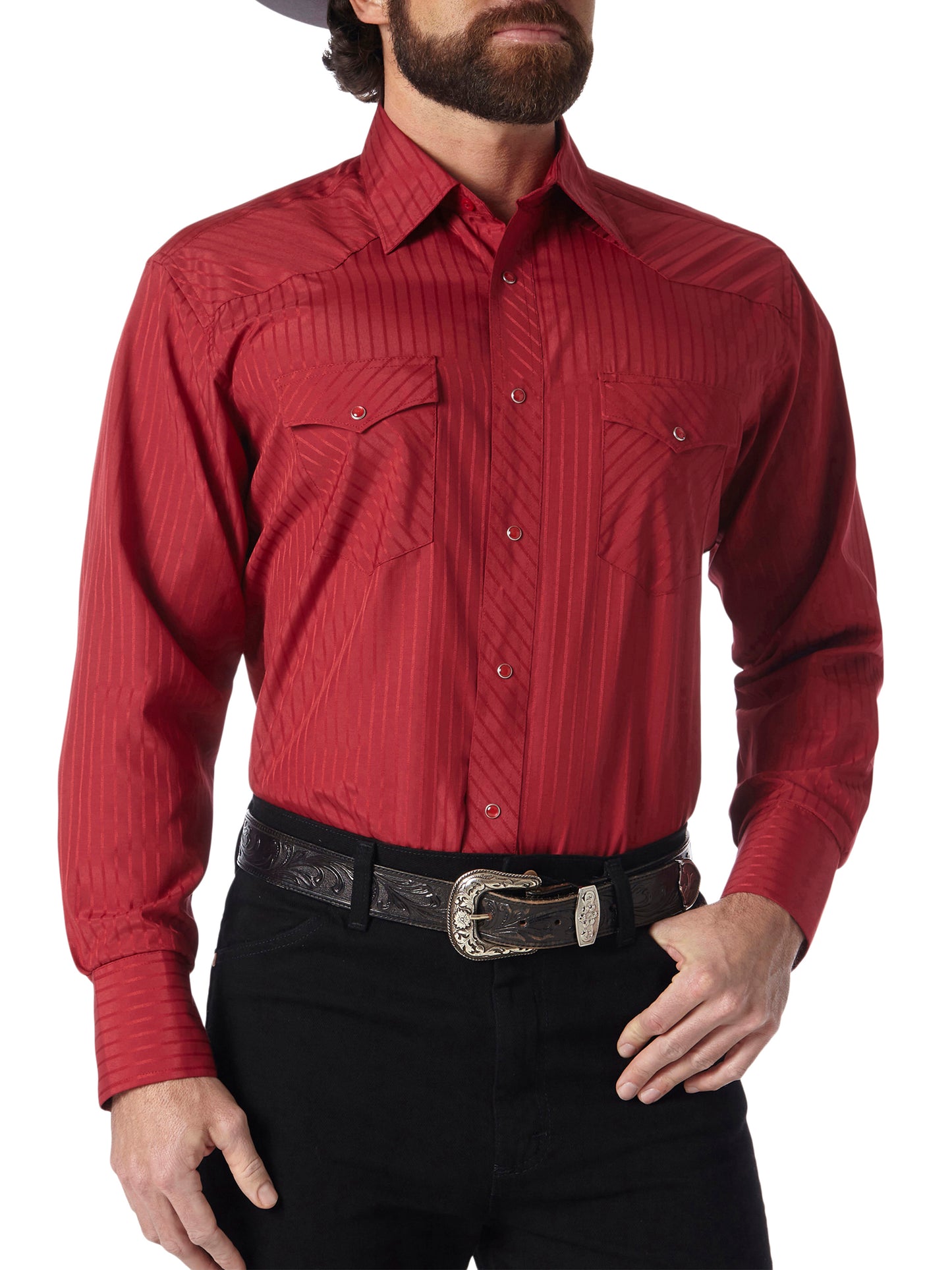 Wrangler Wine Striped Long Sleeve Western Snap Shirt