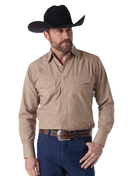 Wrangler Tan Striped Long Sleeve Western Snap Shirt